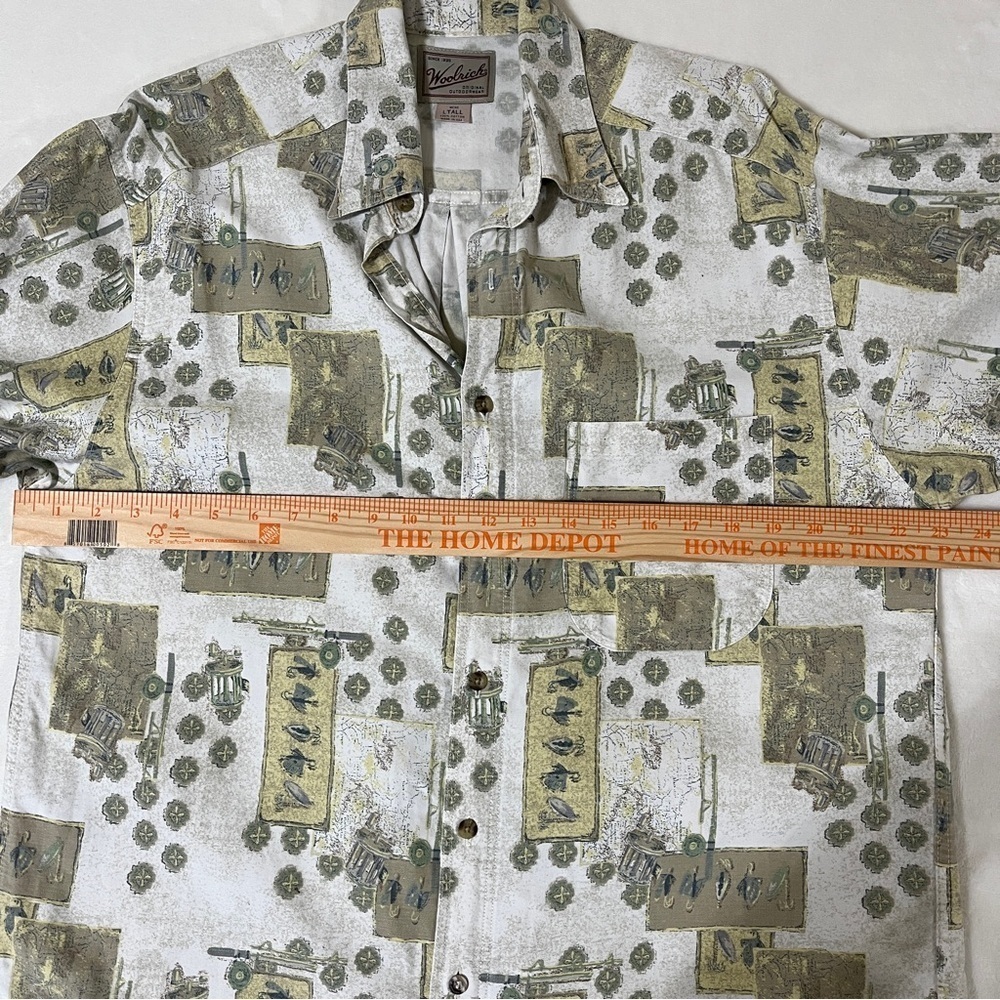 VTG Woolrich Fishing Print Camp Shirt Mens L Tall Graphic Novelty Outdoor Print - Picture 6 of 6